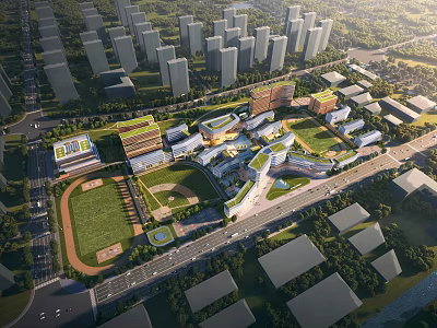 Modern School Campus Buildings With Green Spaces And Sports Facilities Design 3d model
