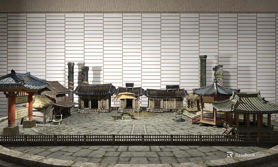 Traditional Ancient Architecture Complex With Courtyard Stone Pavement And Wooden Fences 3d model 