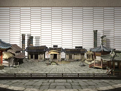Traditional Ancient Architecture Complex With Courtyard Stone Pavement And Wooden Fences 3d model