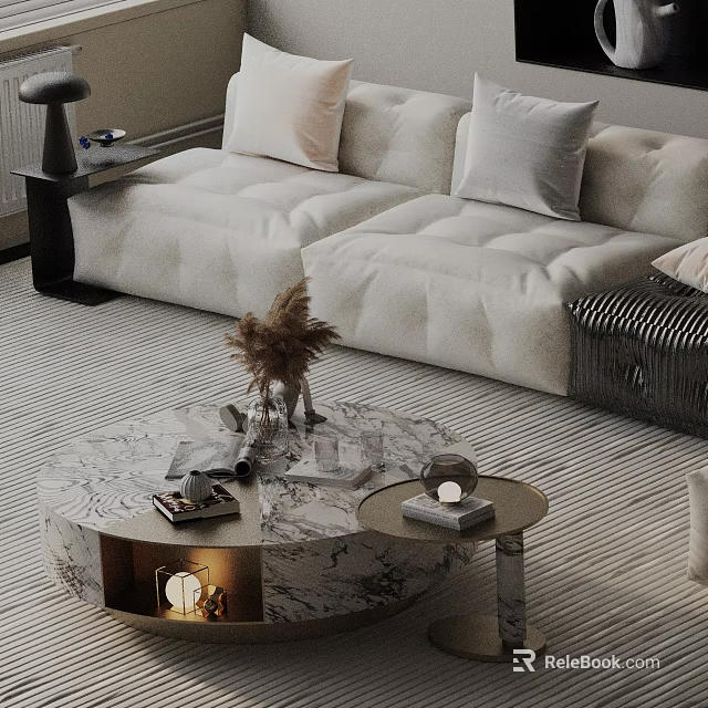 Modern White Tufted Fabric Sofa with Round Marble Coffee Table Set in Stylish Living Room 3d model 