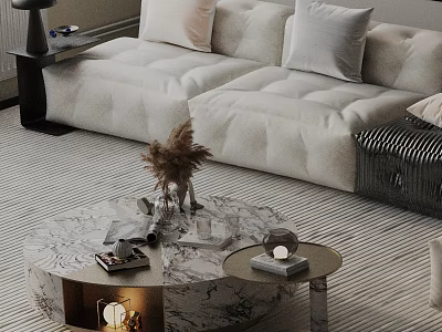 Modern White Tufted Fabric Sofa with Round Marble Coffee Table Set in Stylish Living Room 3d model
