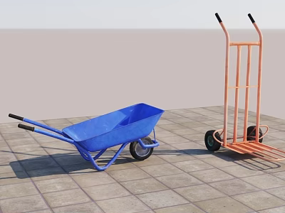 Heavy Duty Industrial Blue Wheelbarrow and Orange Platform Trolley for Material Transport 3d model