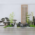 Serene Indoor Landscape With Wooden Lattice Rockery Pine Bamboo Stone Lantern And Water Feature