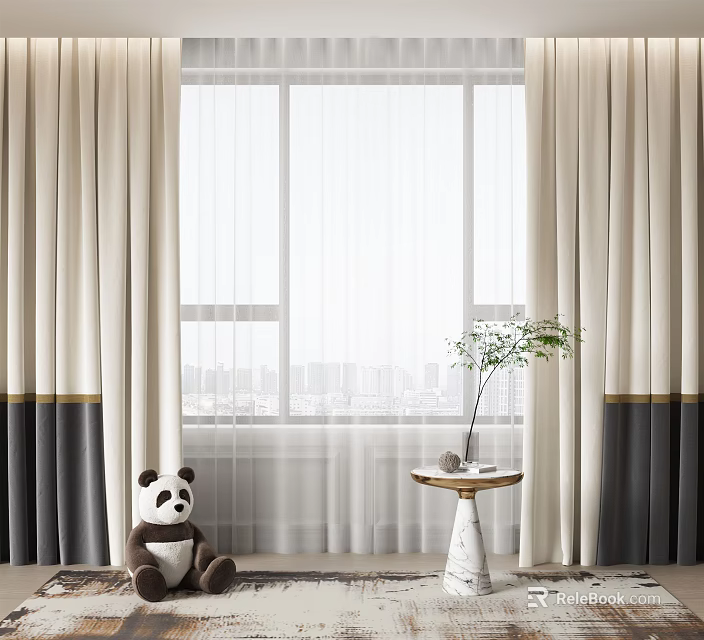 Beige Curtains With Black And Gold Bottom Trim For Window Decoration 3d model 