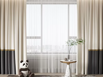 Beige Curtains With Black And Gold Bottom Trim For Window Decoration 3d model