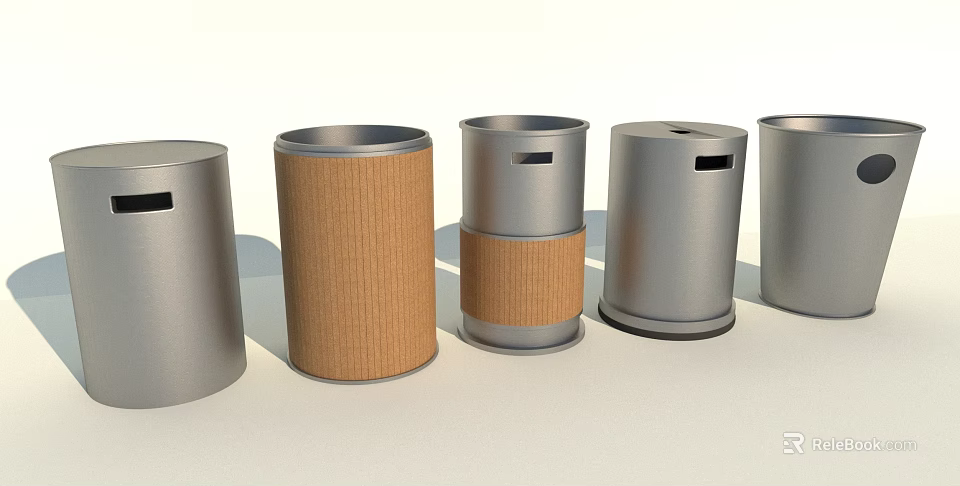 Public Facility Cylindrical Waste Bins With Various Designs Silver Metal And Brown Cardboard Openings 3d model 