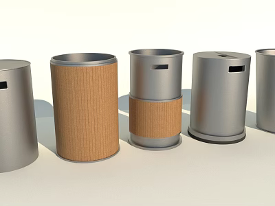 Public Facility Cylindrical Waste Bins With Various Designs Silver Metal And Brown Cardboard Openings 3d model