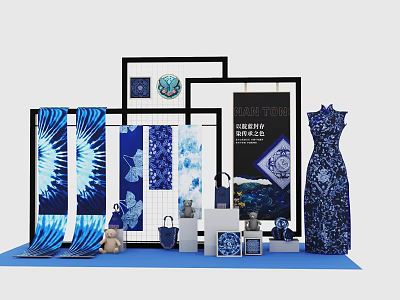 Intangible Cultural Heritage Themed Photo Check-in Spot with Blue and White Decorations Screens and Dresses 3d model