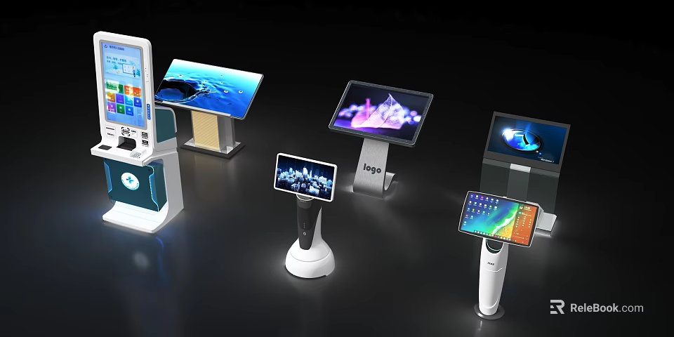Modern Interactive Touchscreen Kiosks With Various Stands Different Designs And Digital Displays 3d model 