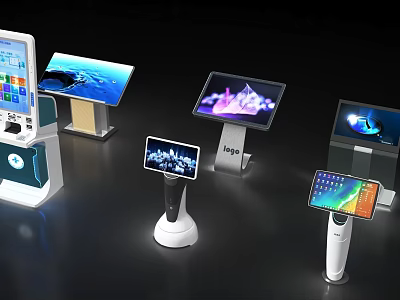 Modern Interactive Touchscreen Kiosks With Various Stands Different Designs And Digital Displays 3d model