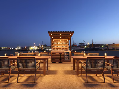 Outdoor Bar Night Scene With Illuminated Counter Wooden Tables And Comfortable Chairs 3d model