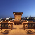 Outdoor Bar Night Scene With Illuminated Counter Wooden Tables And Comfortable Chairs