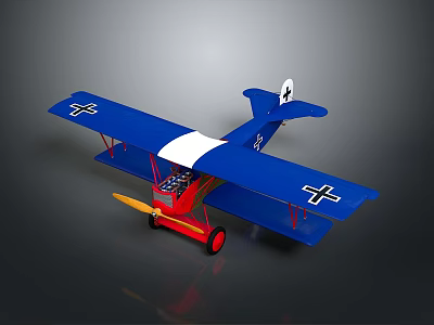 Vintage Blue Biplane Model with Red Wheels Yellow Propeller for Space and Aviation Enthusiasts 3d model
