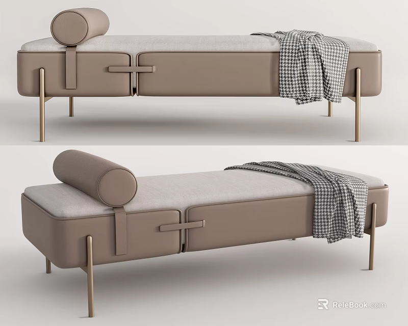Modern Beige Leather Ottoman With Metal Legs And Checkered Blanket Design 3d model 