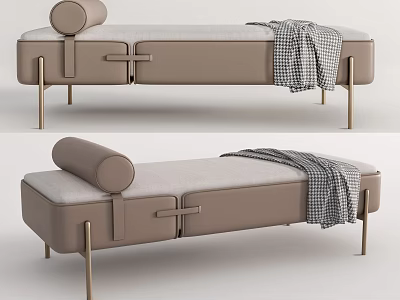 Modern Beige Leather Ottoman With Metal Legs And Checkered Blanket Design 3d model