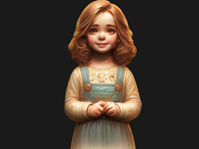 Cute Game Movie Character With Golden Curly Hair Blue White Dress And Clasped Hands 3d model