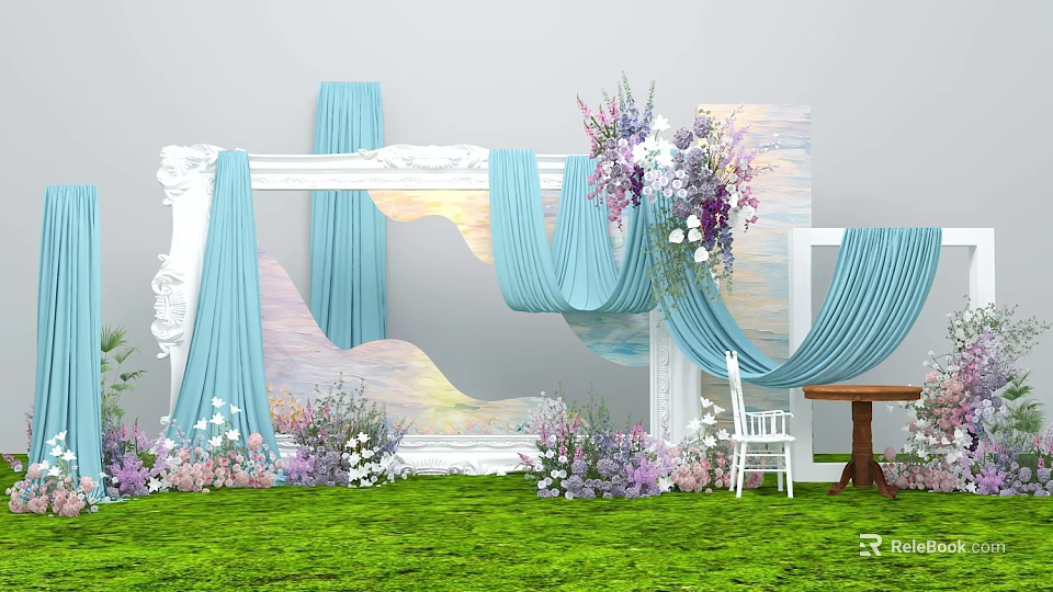 Elegant Floral Display with Blue Curtains White Frame Purple Pink Flowers and Green Lawn 3d model 
