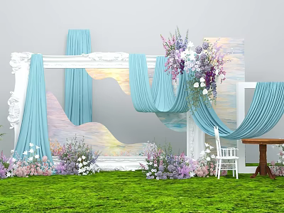 Elegant Floral Display with Blue Curtains White Frame Purple Pink Flowers and Green Lawn 3d model