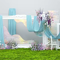 Elegant Floral Display with Blue Curtains White Frame Purple Pink Flowers and Green Lawn
