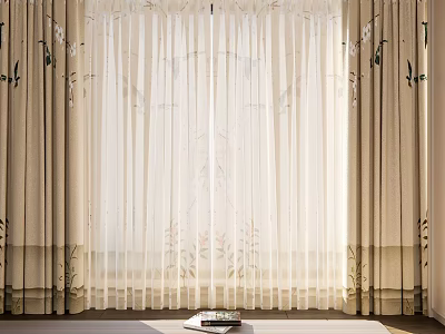 Beige Floor Length Curtains With Sheer Layers And Floral Embroidery For Soft Light Decor 3d model
