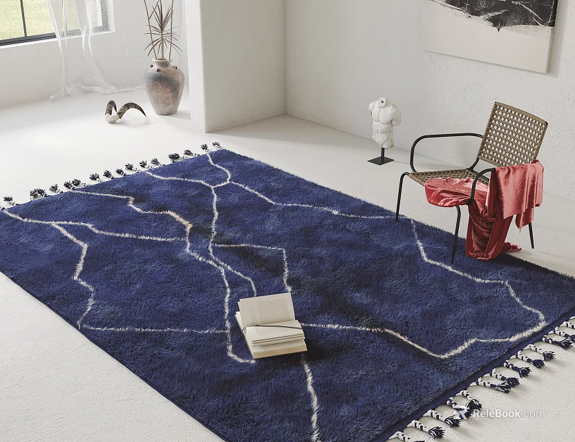 Blue Square Area Rug With White Line Patterns Tassels Open Book And Red Cloth Chair 3d model 