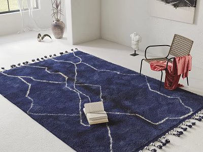 Blue Square Area Rug With White Line Patterns Tassels Open Book And Red Cloth Chair 3d model