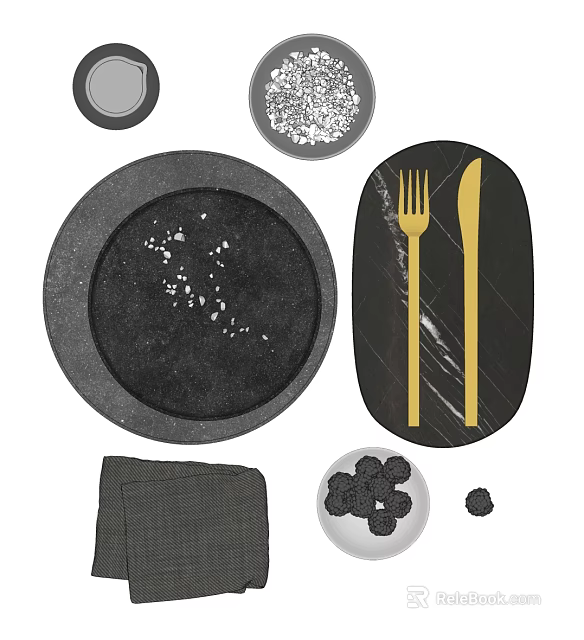 Elegant Black Tableware Set With Gold Fork Knife Gray Napkin White Bowls And Black Cookies 3d model 