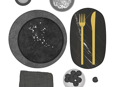 Elegant Black Tableware Set With Gold Fork Knife Gray Napkin White Bowls And Black Cookies 3d model