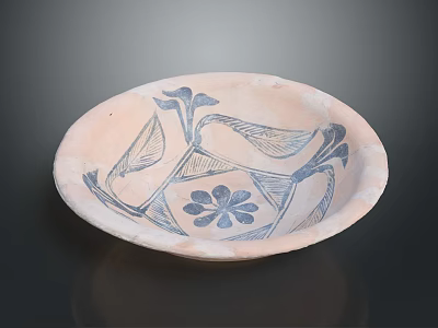 Ceramic Bowl With Blue Floral And Leaf Patterns On Pink Surface 3d model