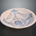 Ceramic Bowl With Blue Floral And Leaf Patterns On Pink Surface 3d model