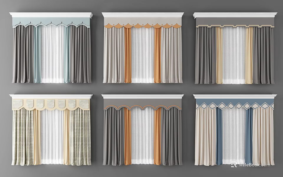 Stylish Layered Curtains With Valance Design And Various Linen Tones For Modern Home Decor 3d model 
