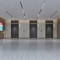 Modern Elevator Lobby Interior With Black Doors Wooden Panel Walls And Linear Ceiling Lights 3d model
