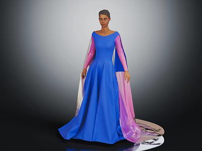 Elegant Blue Dress With Pink And White Long Sleeves Flowing Skirt Design 3d model