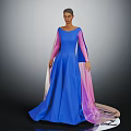 Elegant Blue Dress With Pink And White Long Sleeves Flowing Skirt Design