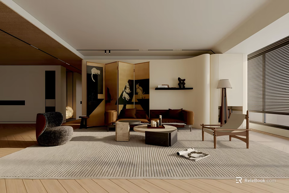 Modern Living Room Interior Design With Sofa Armchair Coffee Table Floor Lamp And Artwork 3d model 