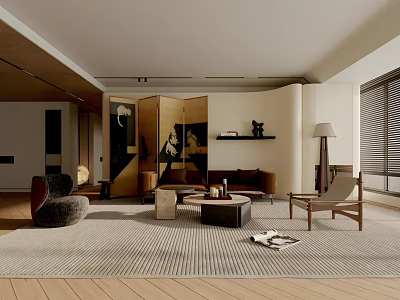 Modern Living Room Interior Design With Sofa Armchair Coffee Table Floor Lamp And Artwork 3d model