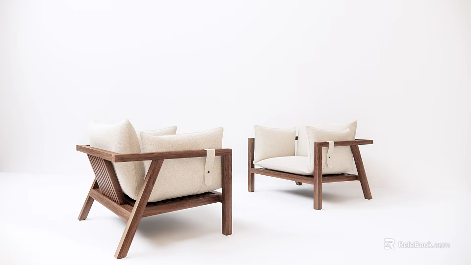 Modern Single-seat Sofa with Wooden Frame and Soft Light Fabric Cushions 3d model 