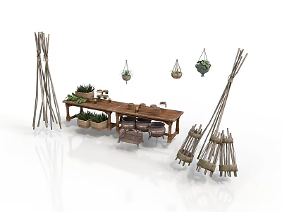 Natural Outdoor Architectural Space With Wooden Table Chairs Hanging Plants And Pole Frames 3d model