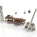 Natural Outdoor Architectural Space With Wooden Table Chairs Hanging Plants And Pole Frames