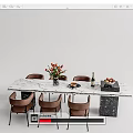 Elegant Dining Table Set With Marble Top Brown Chairs Flower Vase Wine Bottle And Fruits