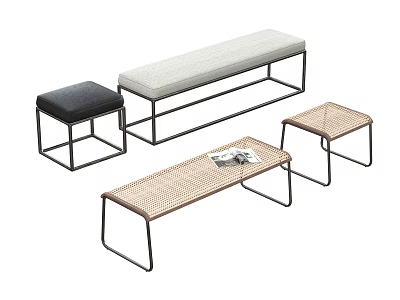 Set Of Modern Stools With Metal Frames Upholstered And Woven Seat Designs 3d model