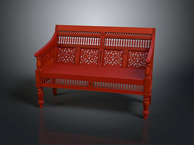 Red Wooden Bench With Intricate Carved Lattice Backrest And Ornate Leg Design 3d model