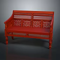 Red Wooden Bench With Intricate Carved Lattice Backrest And Ornate Leg Design