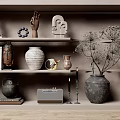 Modern Decorative Ornament Set With Sculptures Vases Dried Flowers Books On Wooden Shelves