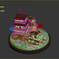 Traditional Japanese Landscape With Red Roof Multi Story Building Surrounded By Water And Red Plants