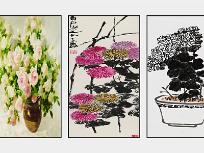 Various Styles of Plant Paintings Including Floral Vase Ink Art and Potted Succulents 3d model
