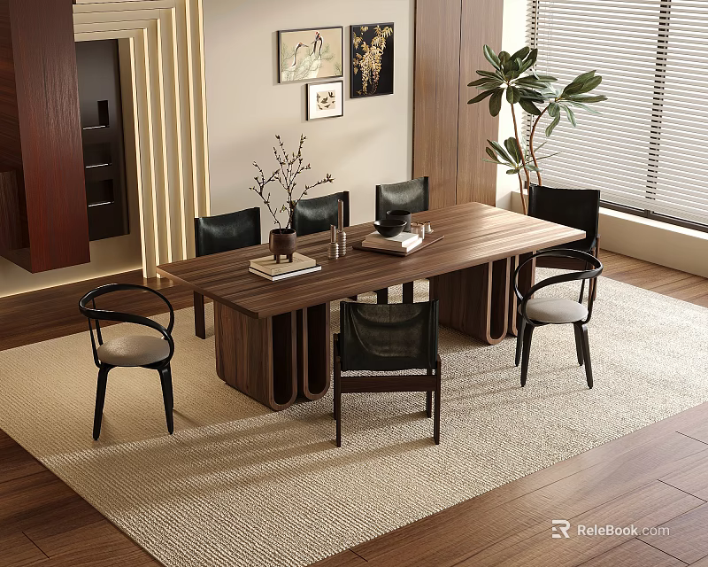 Modern Restaurant Dining Space With Wooden Table Black Chairs Wall Art And Indoor Plant 3d model 