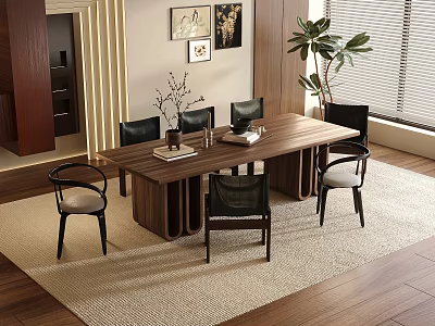 Modern Restaurant Dining Space With Wooden Table Black Chairs Wall Art And Indoor Plant 3d model