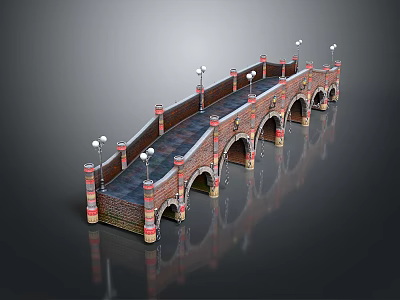 Classical Arch Bridge 3D Model With Red Brick Material And Street Lamps On Both Sides 3d model