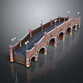 Classical Arch Bridge 3D Model With Red Brick Material And Street Lamps On Both Sides